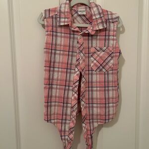 Pink Plaid Sleeveless Button-Up Shirt with tie bottom
